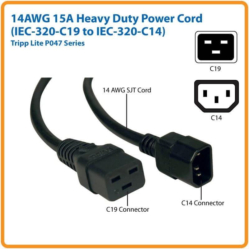 TRIPP-LITE P047-010 Cable de alimentación, C19 a C14, Alta resistencia, 15 A, 250 V, 14 AWG, 3.05 m (10 pies), negro