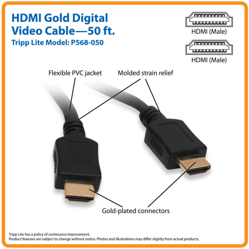 TRIPP-LITE P568-050 CABLE, HDMI, VID, DIG, AUDI 15.24M, Cable de video, HD, 1080p, Negro, 15.24 mts