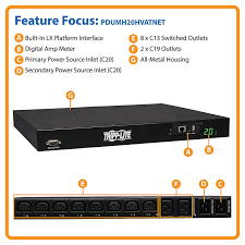 TRIPP-LITE PDUMH20HVATNET Controlable Monofásico, de 3,2-3,8 kW, tomacorrientes, 200-240V, (8 C13 y 2 C19), 2 C20, Cable, 3.6m, (12 pies), para instalación, en Rack, de 1U, TAA