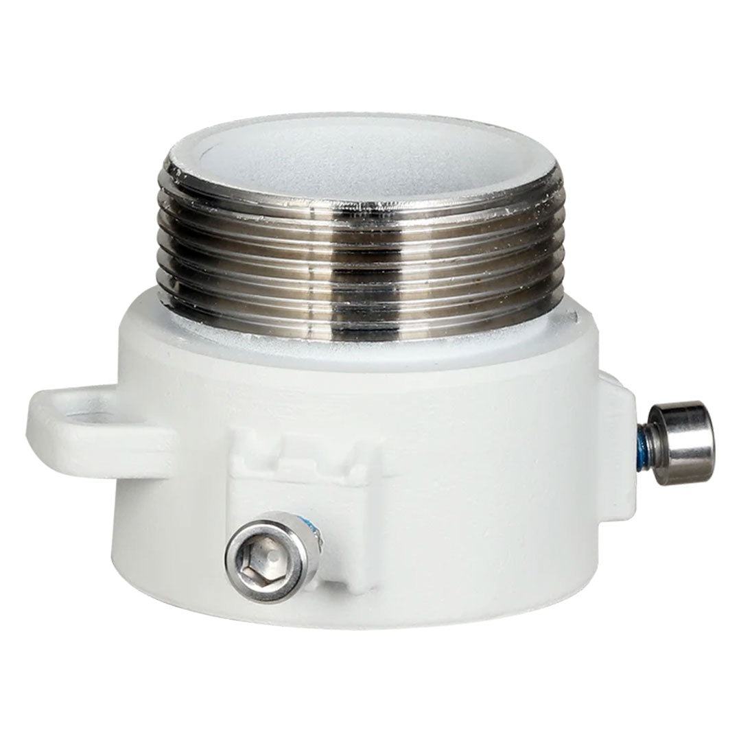 Adaptador metálico para canalización eléctrica, conexión roscada y acabado blanco.