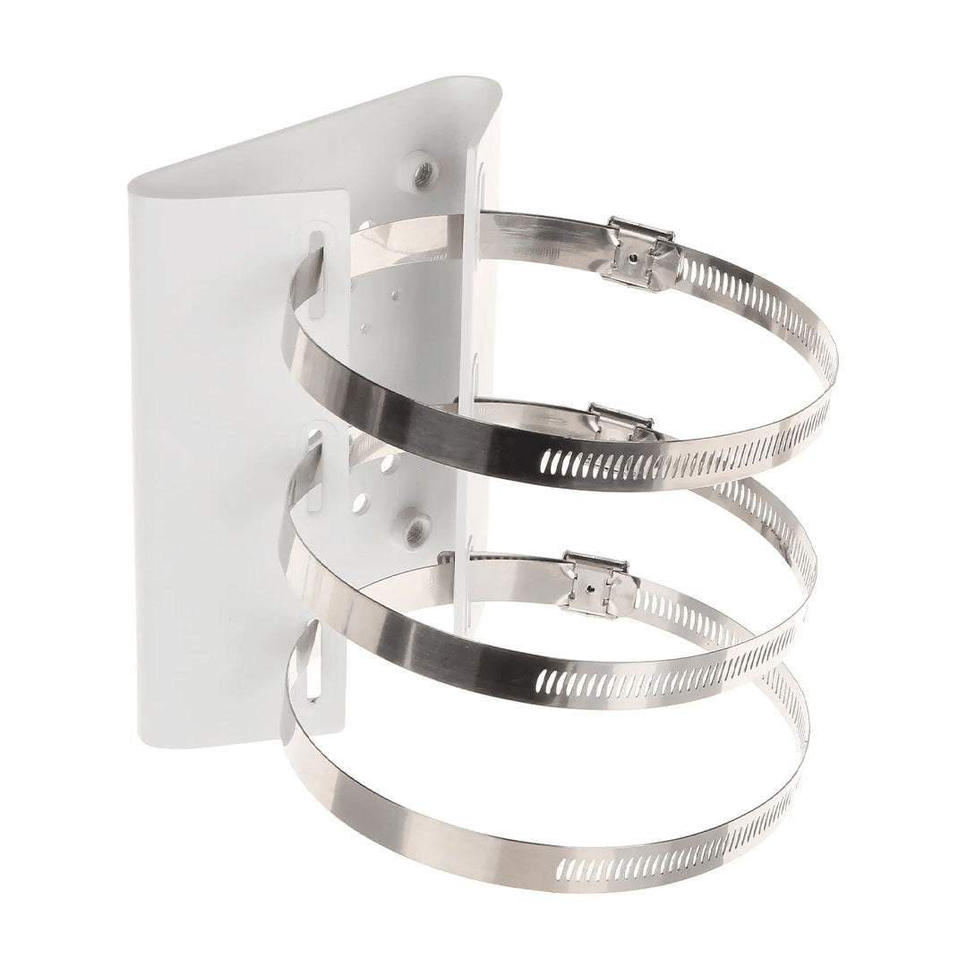 Soporte metálico de pared para cámaras de seguridad, con abrazaderas de acero inoxidable.