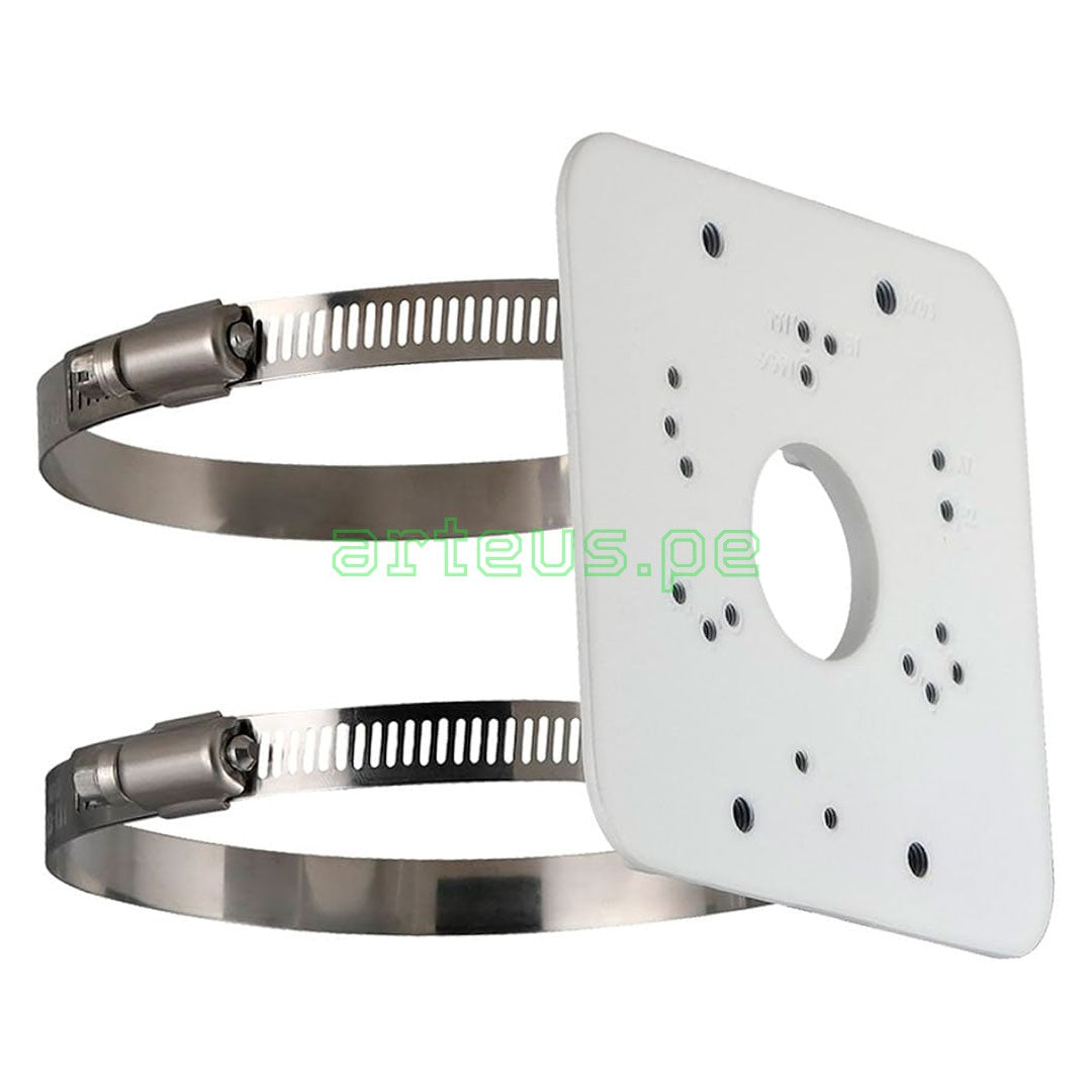 Soporte de montaje para cámaras de seguridad, base cuadrada blanca y abrazaderas metálicas.