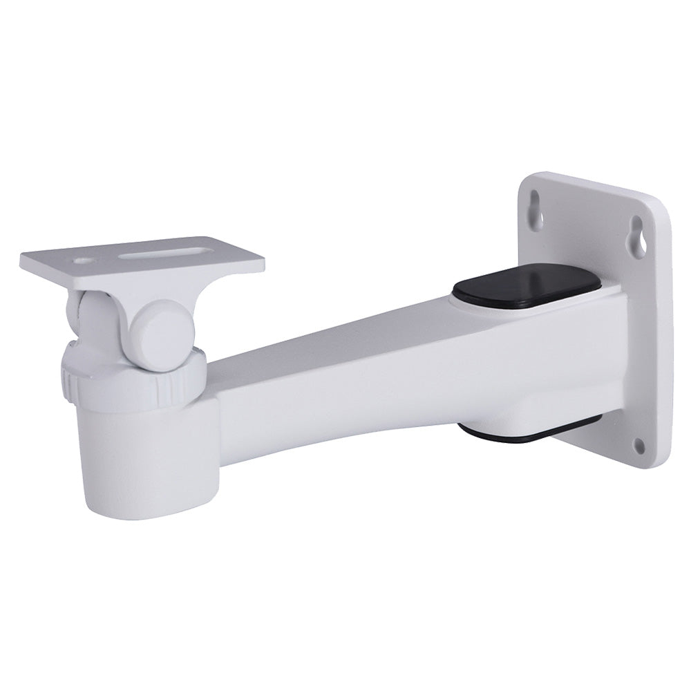 Soporte blanco de pared para cámara de seguridad, metálico, con base ajustable.