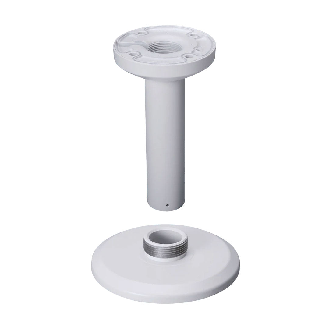 Soporte de montaje metálico para cámara de seguridad, color blanco, piezas desmontadas.