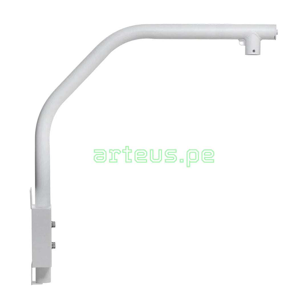 Soporte metálico blanco para brazo de cámara de videovigilancia, montaje en pared.