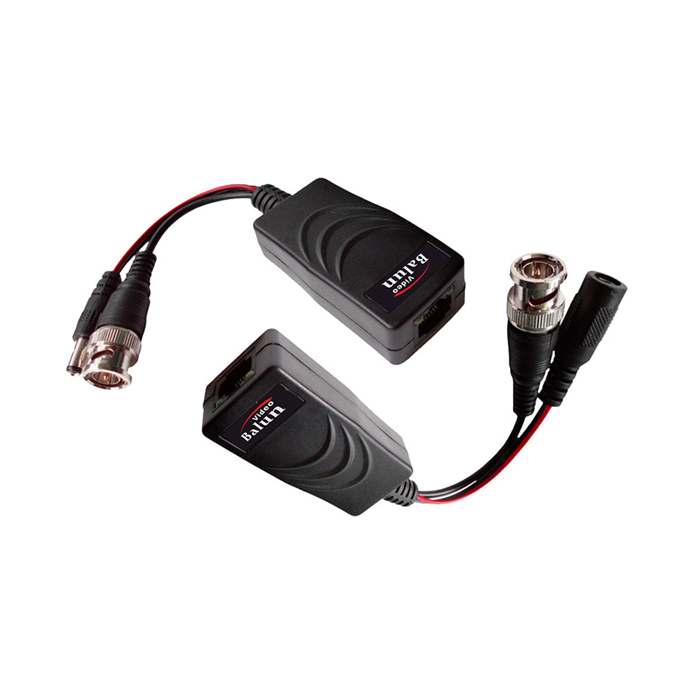 Par de transceptores balun de video con conectores BNC y cableado para CCTV y sistemas de seguridad.