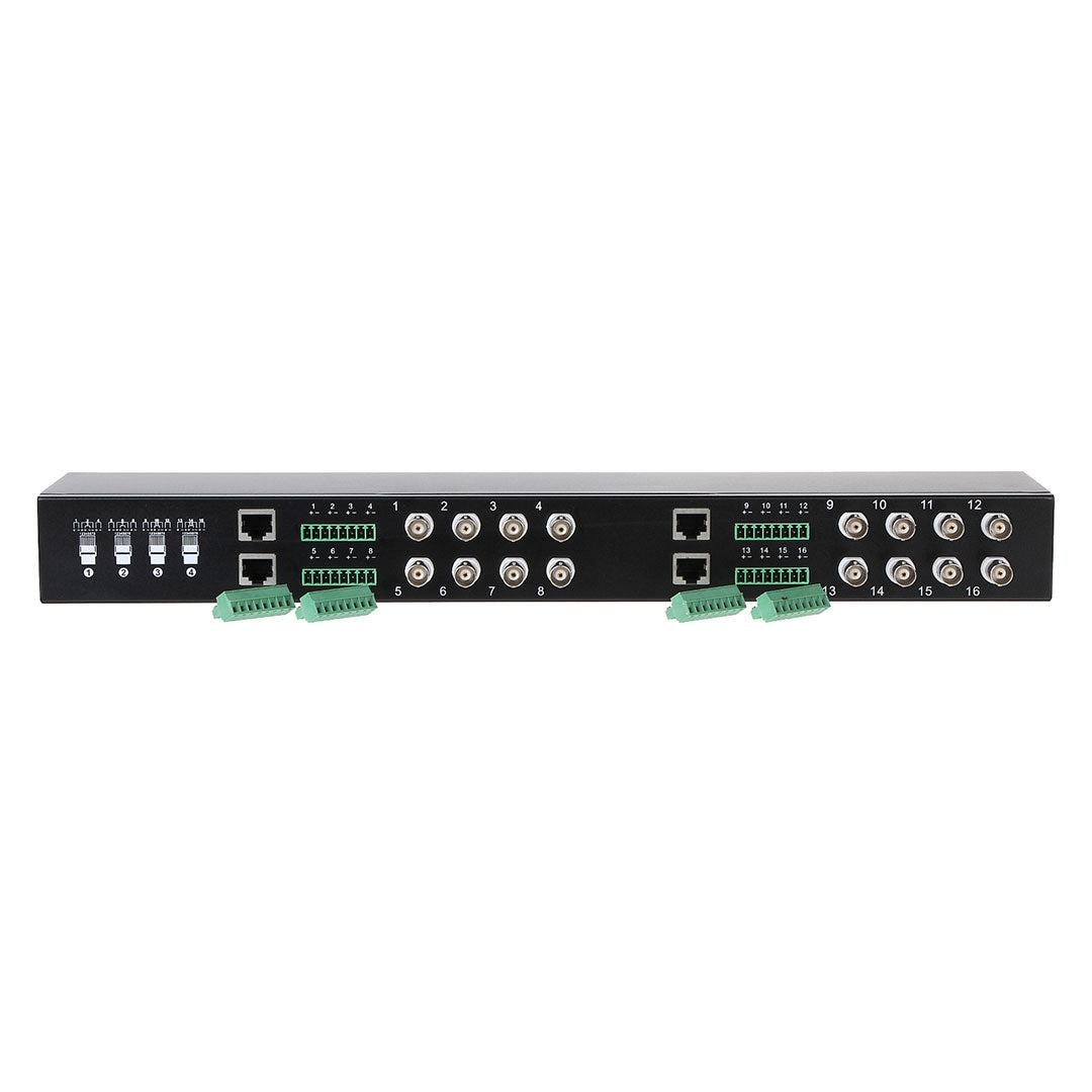 Panel trasero de switch de video y datos, conexiones BNC, RJ45 y terminales de seguridad electrónica