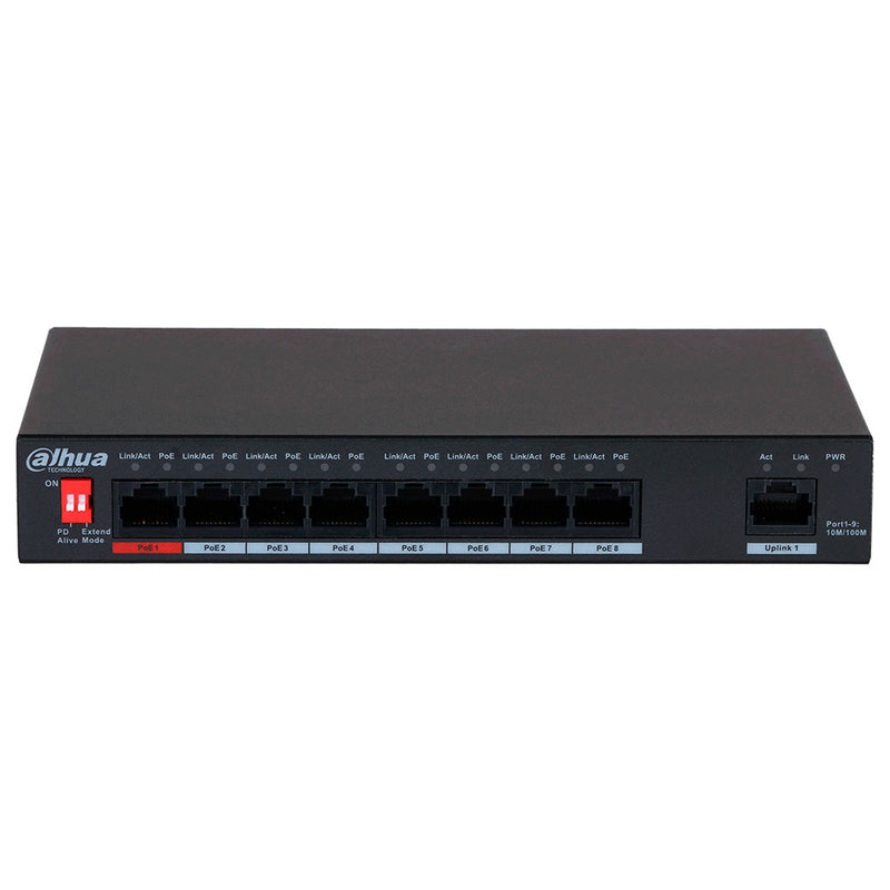 DAHUA DH-PFS3009-8ET-96, Switch 8 puertos POE 10/100Mbps, 1Uplink Giga, 96w. No administra, Capa 2