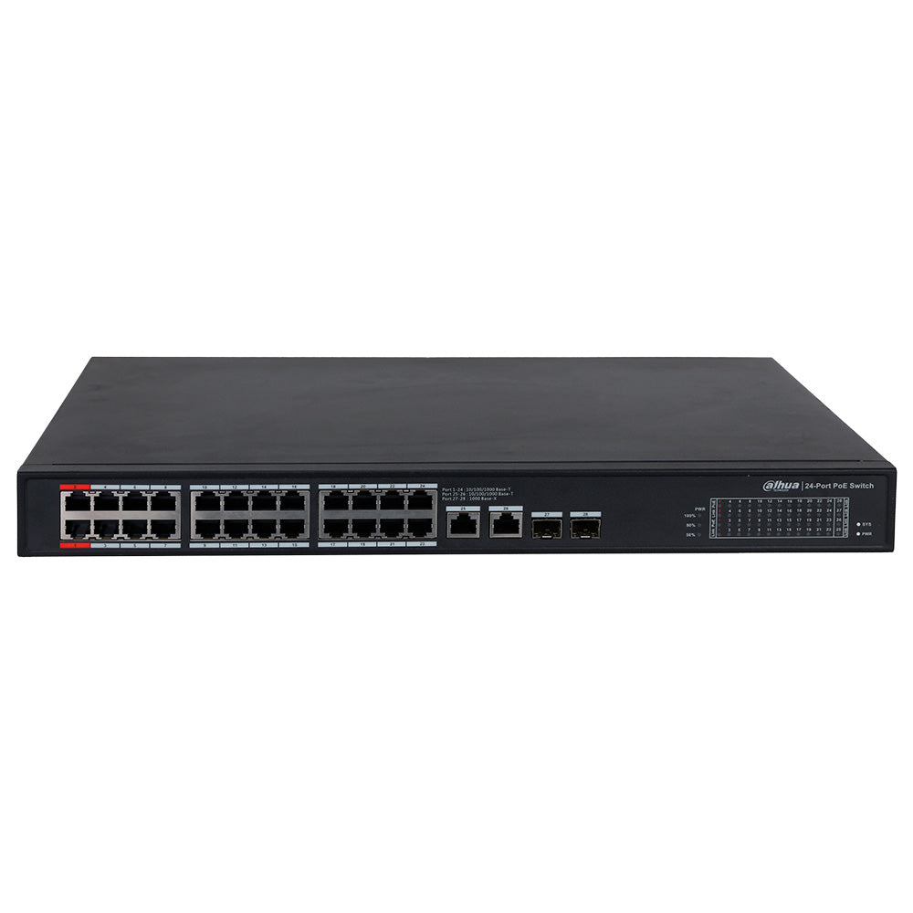 DAHUA DH-PFS3228-24GT-360 Switch Conmutador de 24 puertos POE 360w Gigabit. 2 Puertos de Fibra Óptica. 10/100/1000. No administrable. Capa 2. 2 Puertos SFP. HI-POE