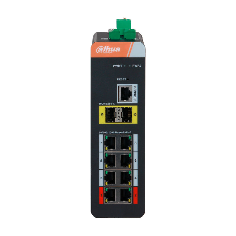 DAHUA PFS4210-8GT-DP, Switch Industrial 8 Puertos POE Giga, 120w, RS232, RS485, 2SFP. Montaje en Riel DIN