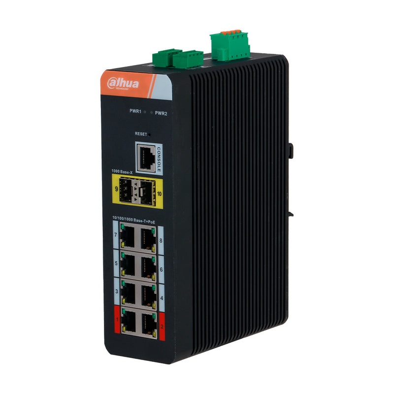 DAHUA PFS4210-8GT-DP, Switch Industrial 8 Puertos POE Giga, 120w, RS232, RS485, 2SFP. Montaje en Riel DIN