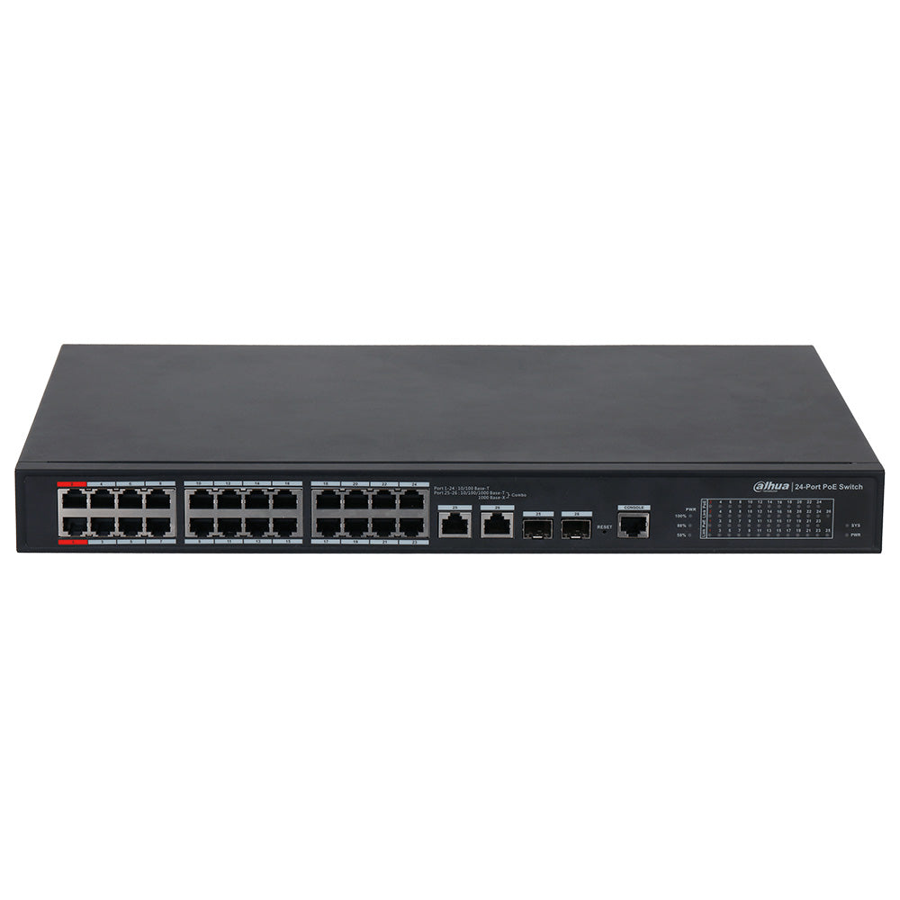 DAHUA DH-PFS4226-24ET-360 - Switch Conmutador de 24 puertos POE 360w con 2 Puertos de Fibra óptica. 10/100mbps. Administrable. Capa 2. 2 Puertos SFP. HI-POE