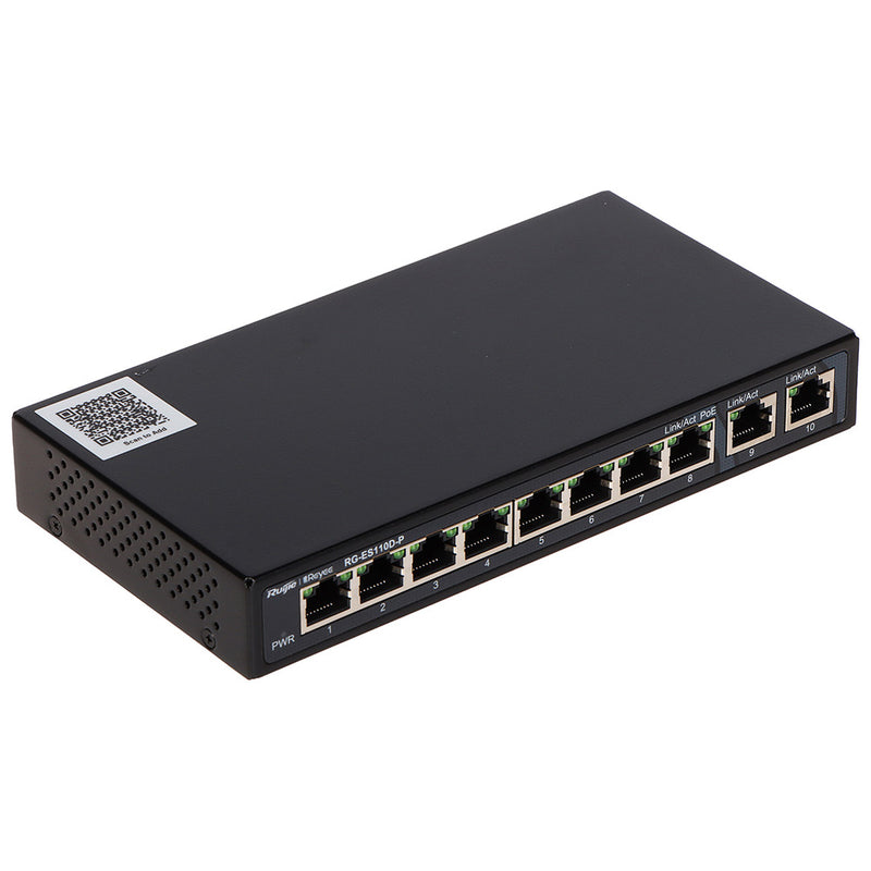 RUIJIE RG-ES110D-P, Switch 8 puertos POE 10/100 y 2 Puertos Uplink Gigabit 110w No administrable Carcasa de metal