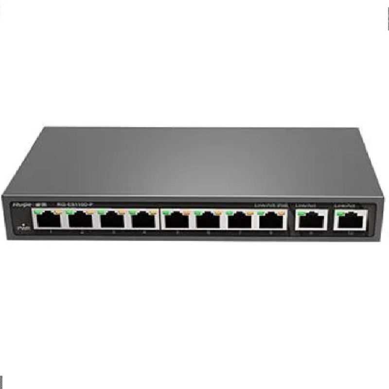 RUIJIE RG-ES110D-P, Switch 8 puertos POE 10/100 y 2 Puertos Uplink Gigabit 110w No administrable Carcasa de metal