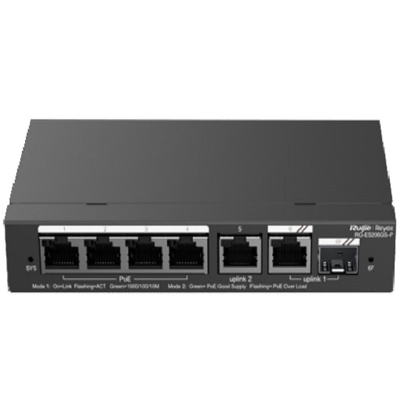 RUIJIE RG-ES206GS-P, Switch 6 puertos 10/100Mbps 54w: 4 Puertos PoE+ y 2 Puertos Uplink Gigabit + 1 SFP Gestionable en nube Web/Cloud/APP. Carcasa de metal