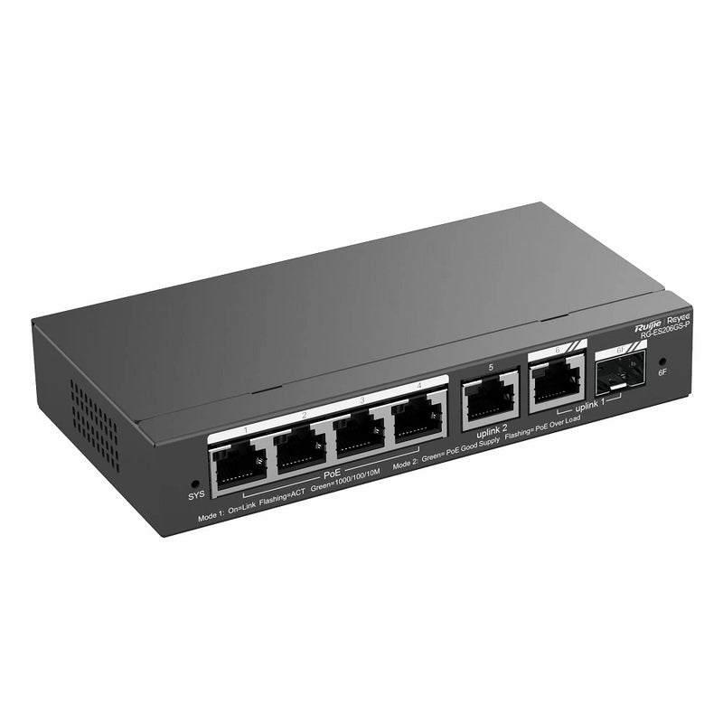 RUIJIE RG-ES206GS-P, Switch 6 puertos 10/100Mbps 54w: 4 Puertos PoE+ y 2 Puertos Uplink Gigabit + 1 SFP Gestionable en nube Web/Cloud/APP. Carcasa de metal