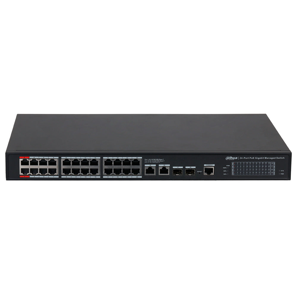 DAHUA DH-S4228-24GT-240 - Switch Conmutador de 24 puertos POE 240w con 2 puerto de Fibra óptica Giga. 10/100/1000mbps. Administrable. Capa 2. HI-POE. 2 Puertos SFP. POE 2.0