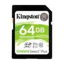 KINGSTON SDS2/64GB - Kingston Canvas Select Plus 64 GB UHS-I Speed ​​Class 1 (U1) SD Card Memory. 