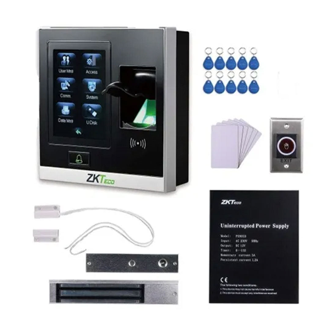 ZKTECO SF400 E LOCK KIT Kit de Acceso: SF400+Cerradura 250Kg+Fuente PS902+Botón sin contacto+Tarjetas de Proximidad