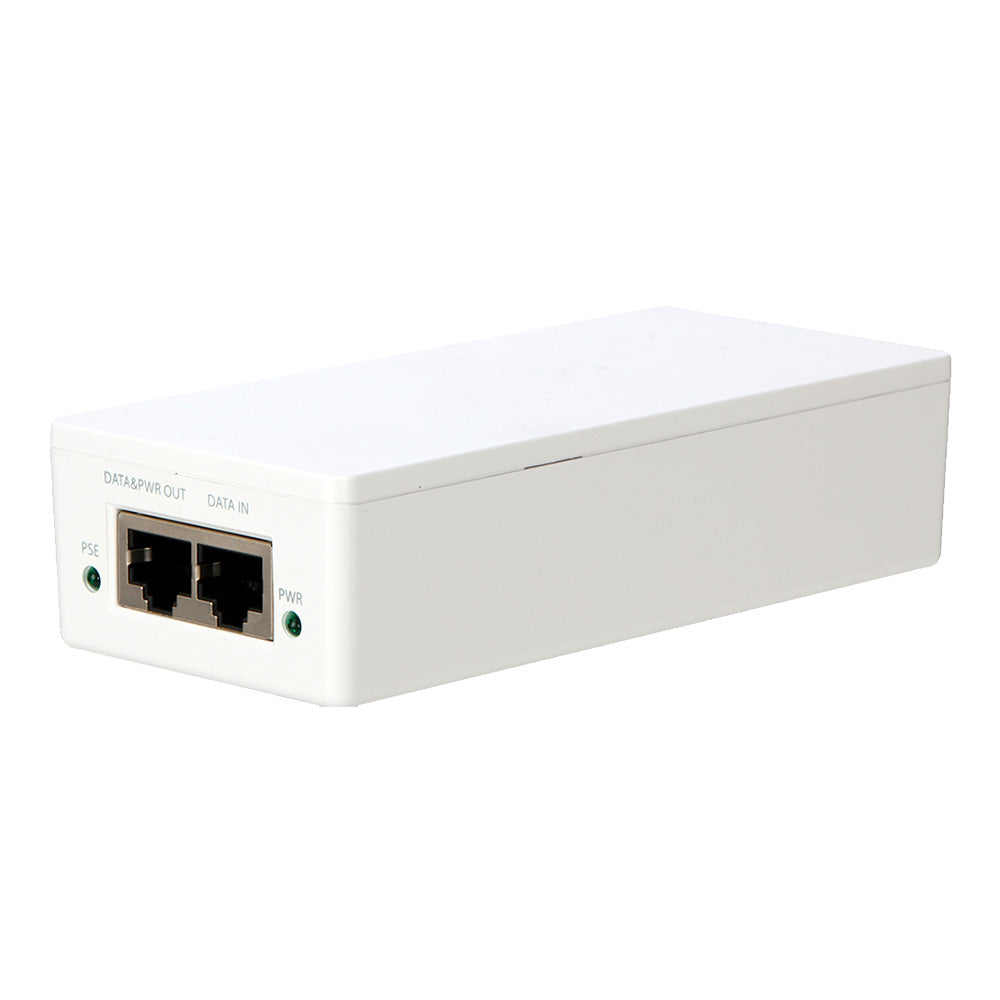 Inyector PoE blanco para redes, con dos puertos RJ45 y luces indicadoras de estado