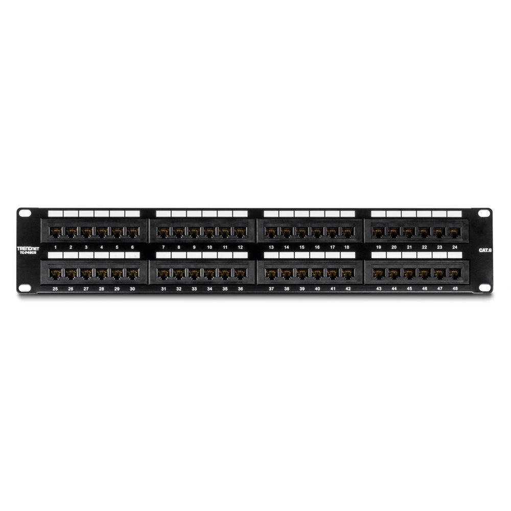 Patch panel 48 puertos Cat6 para redes, vista frontal, color negro