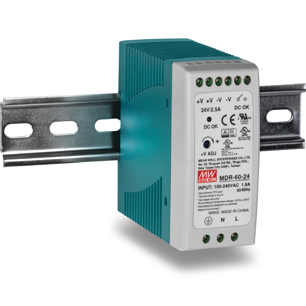 Fuente de alimentación industrial para riel DIN, 24V, 2.5A, carcasa azul y gris.