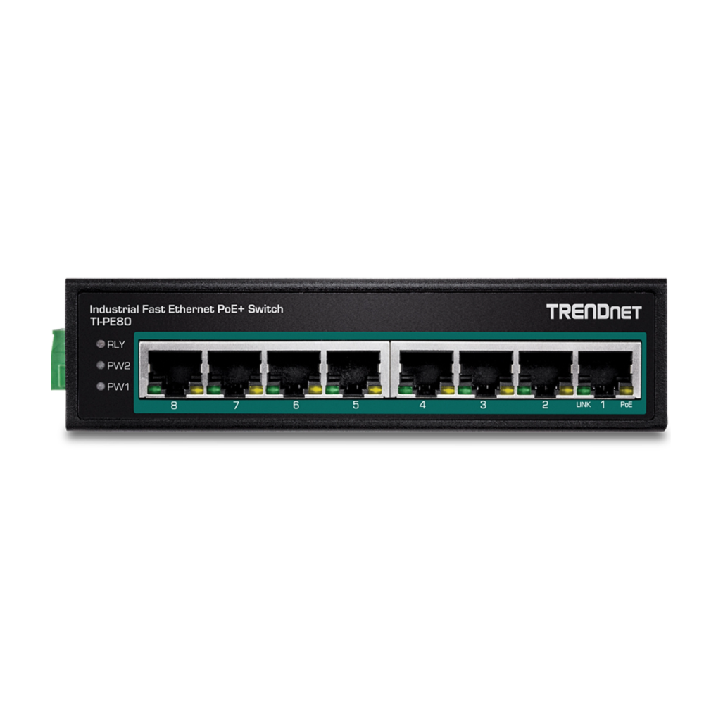 TRENDNET TI-PE80 -  Conmutador de riel DIN Industrial Fast Ethernet PoE de 8 puertos