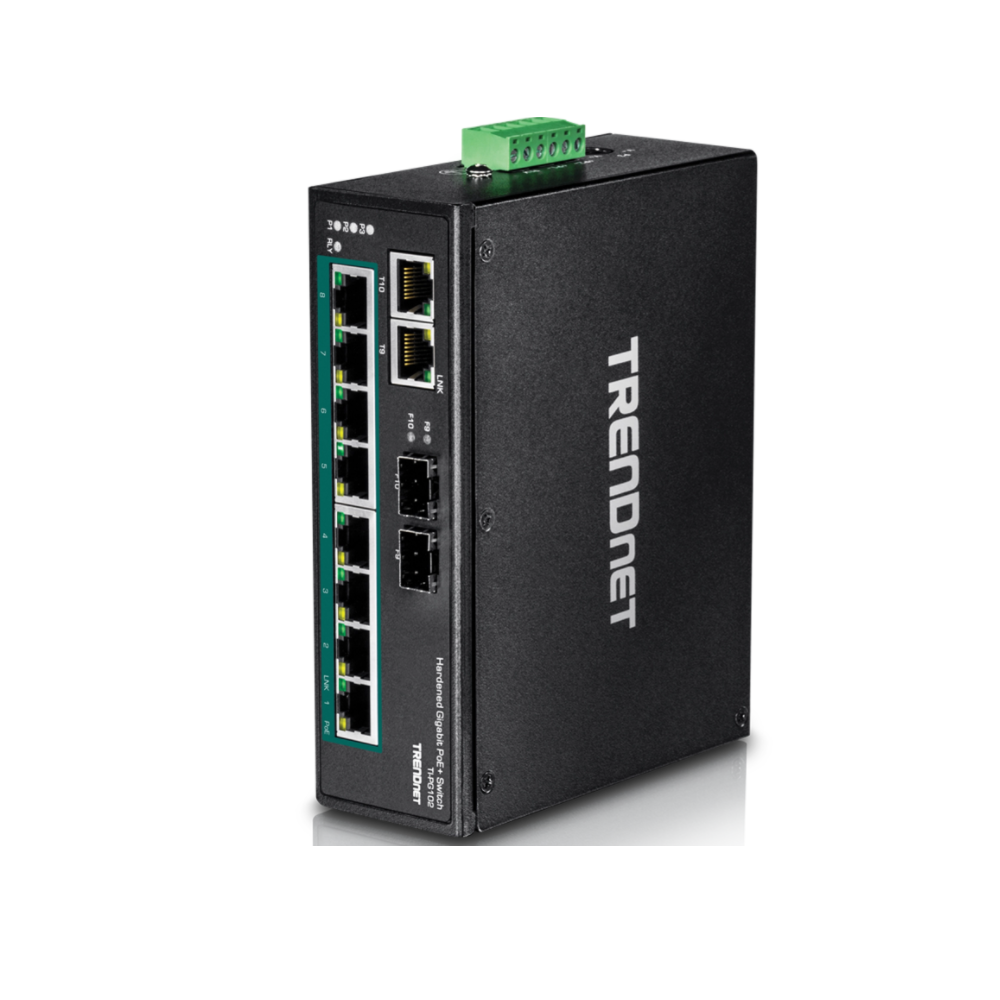 TRENDNET TI-PG102 - Conmutador de riel DIN Gigabit PoE industrial endurecido de 10 puertos