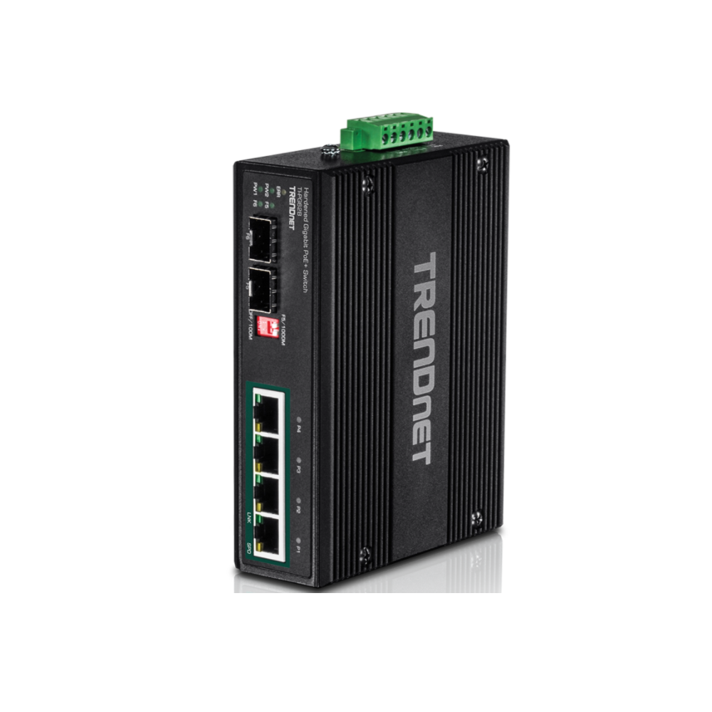 TRENDNET TI-PG62B -  Conmutador Gigabit PoE  industrial reforzado de 6 puertos con 2 SFP voltaje de refuerzo de 12/24/48/VCC a 55 VCC