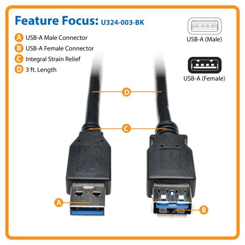 TRIPP-LITE U324-003-BK CABLE, USB, 3.0, A/AM/H, 91CM, Cable, de Extensión, SuperSpeed, USB-A a USB-A, M/H, Negro, 91 cm