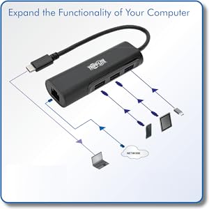 TRIPP-LITE U460-003-3A1GB Hub Adaptador, USB, Tipo-C, Portátil, U460-003-3A1GB, 3 Puertos,  USB 3.1, RJ45, 5 Gbps