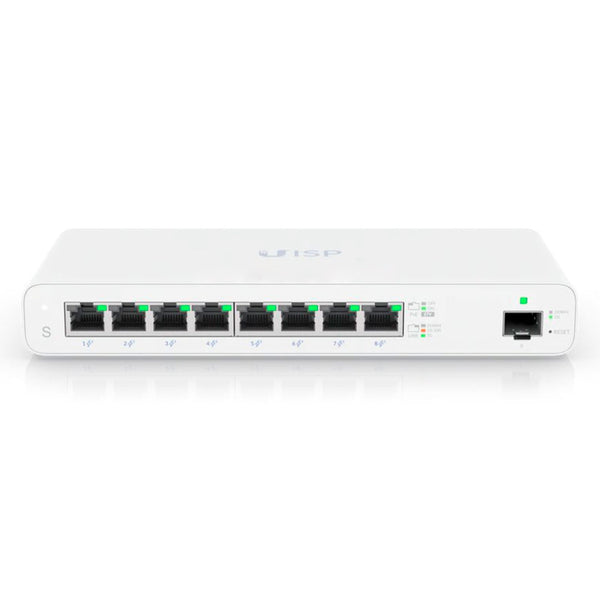 UBIQUITI UISP-S, Switch PoE Gigabit 8 puertos administrable diseñado para aplicaciones MicroPoP y para construcción de redes seguras de alto rendimiento. Capa 2