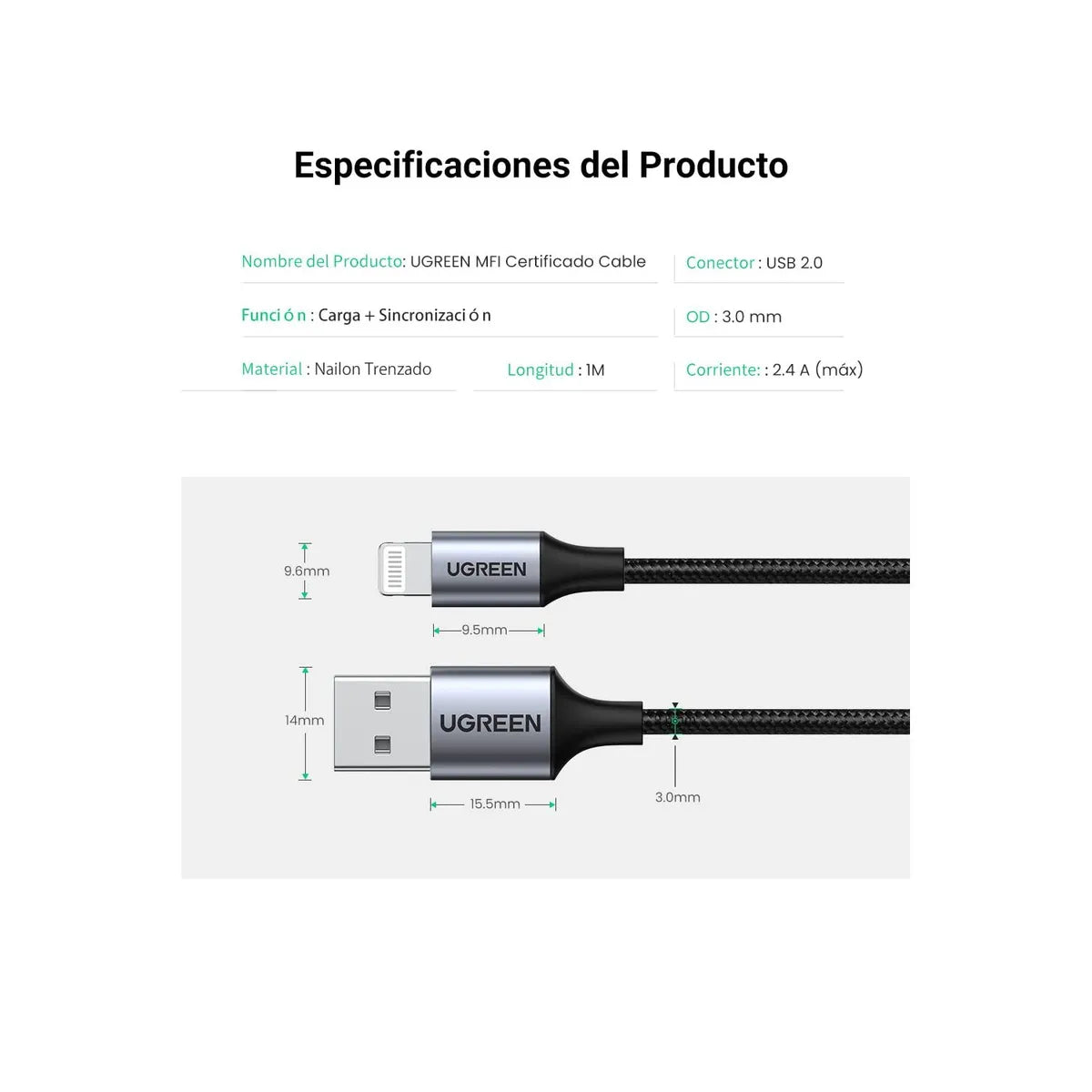 UGREEN US199 60156 Cable de Datos de Carga USB-A a Lightning Negro