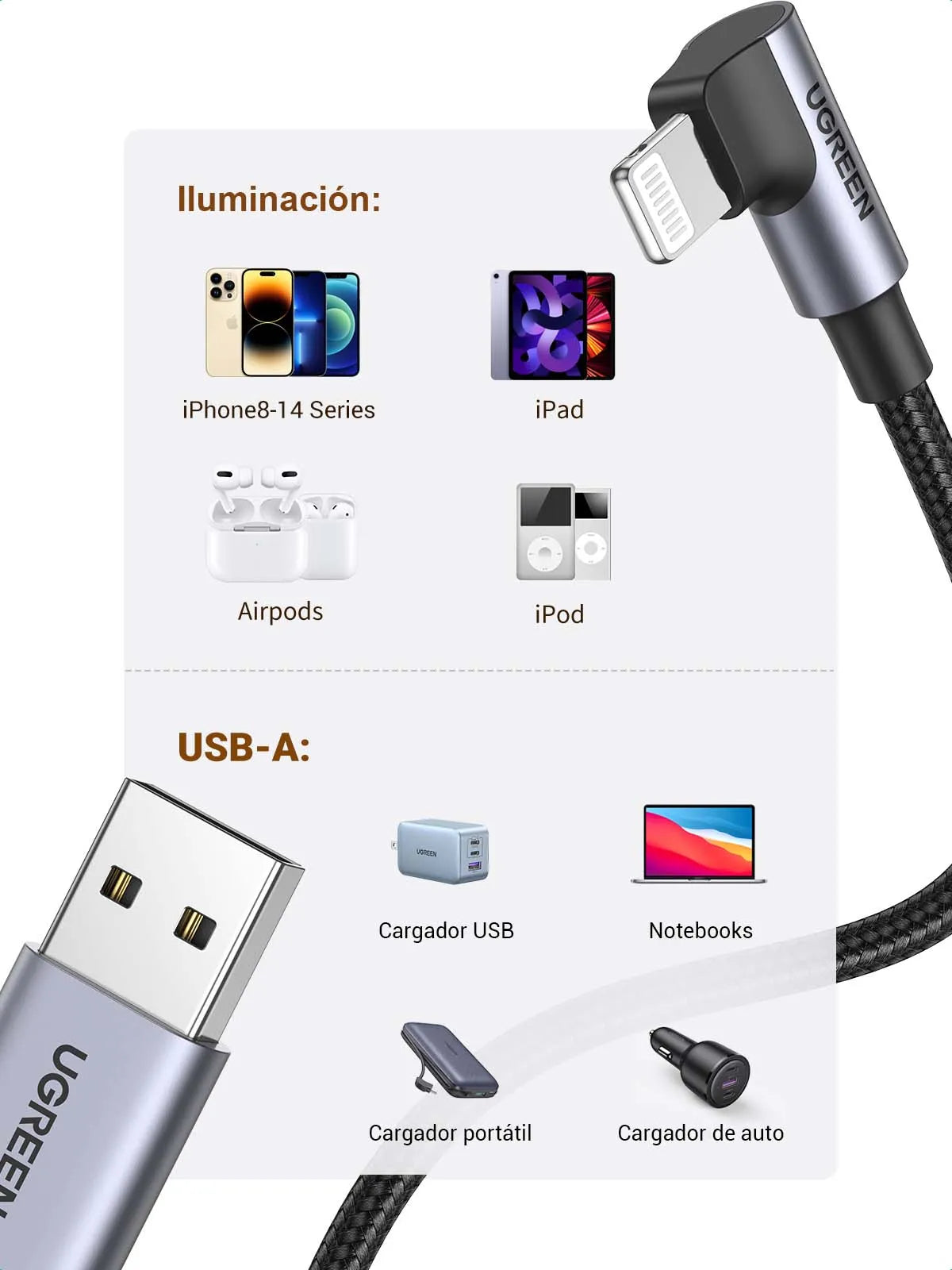 UGREEN US299 60521 Cable USB-A a Lightning Angulo 90° 1m