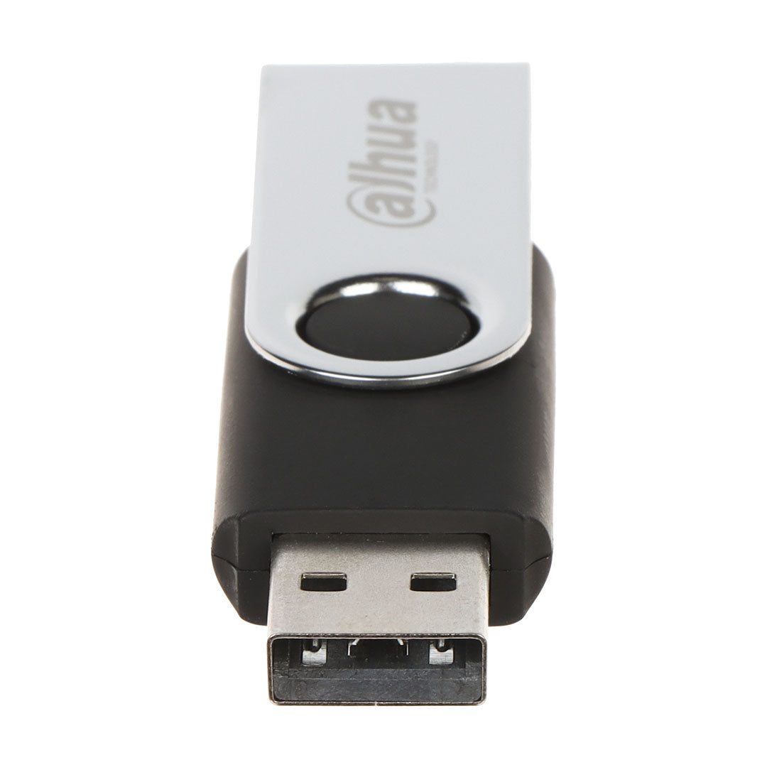 Memoria USB 32GB negra con carcasa metálica y conector expuesto, fondo blanco