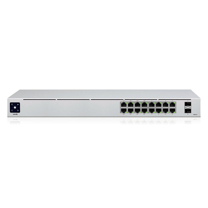 UBIQUITI USW-16-POE (42W) Switch Unifi, capa 2 de 16 puertos (8 puertos PoE 802.3AF/AT + 8 puertos Gigabit) + 2 puertos 1g SFP, 42w, pantalla informativa