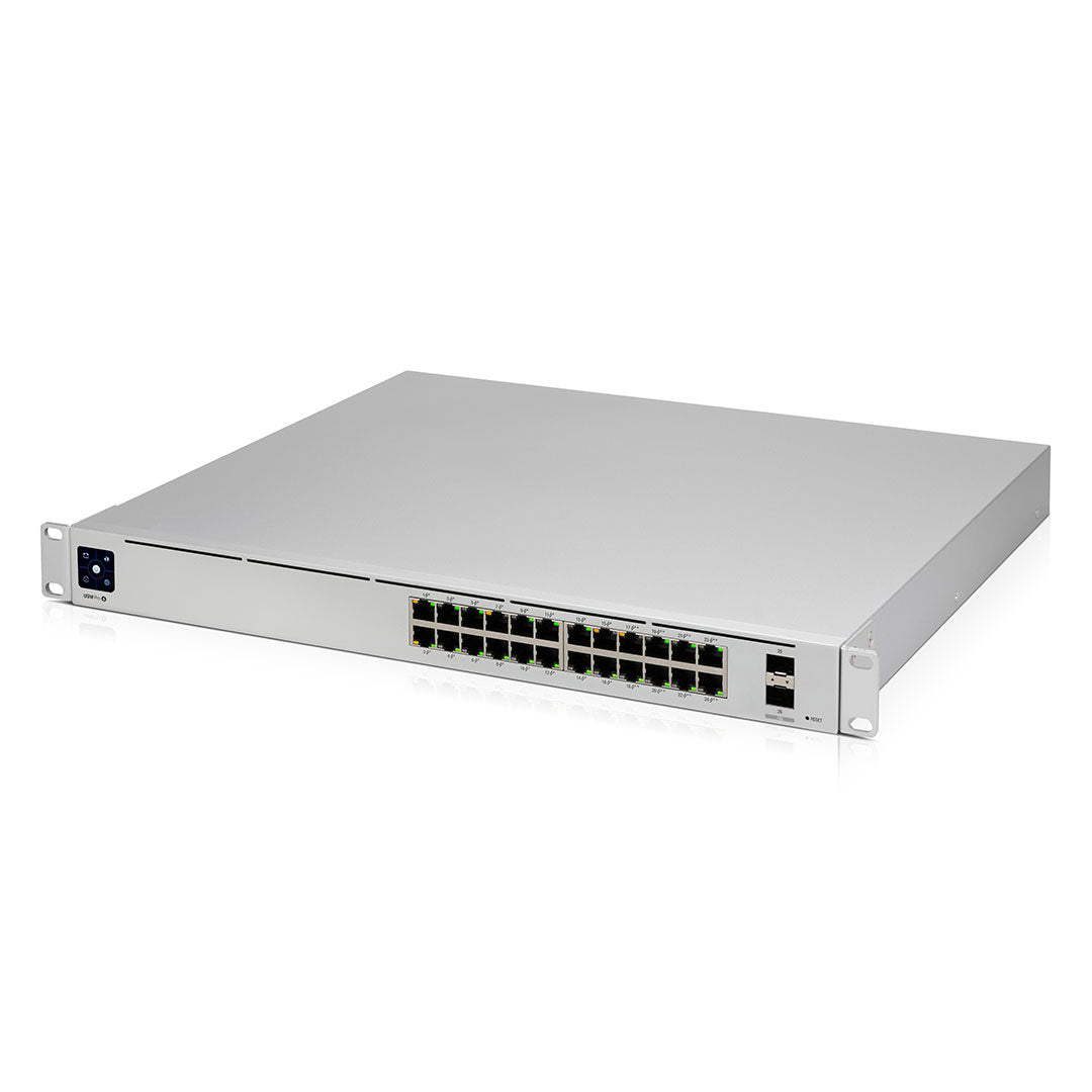 Switch de red rackeable de 24 puertos Ethernet y dos uplinks, color blanco, vista frontal