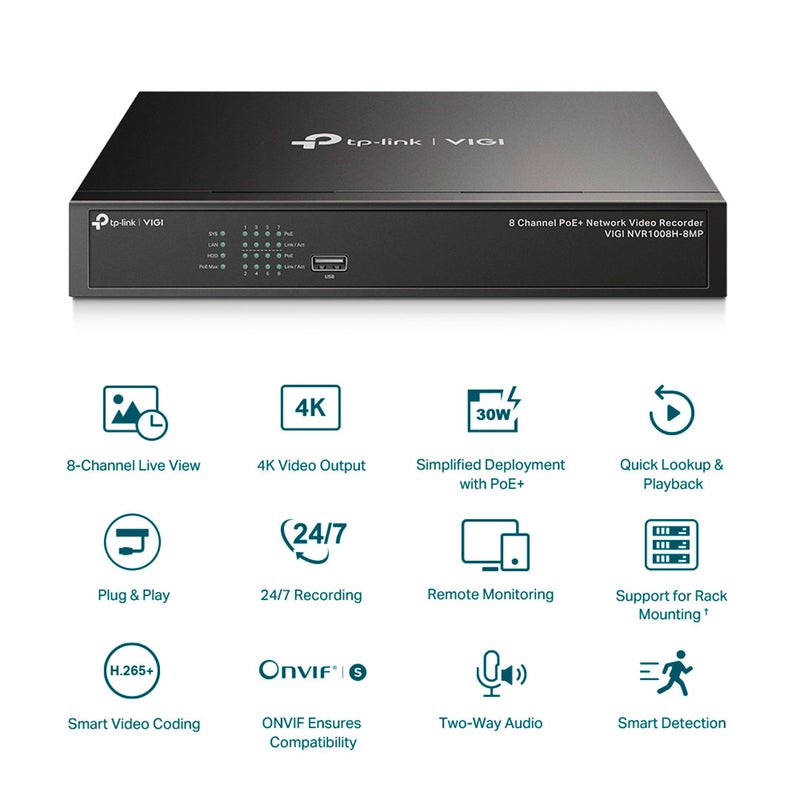 TP-LINK VIGI NVR1008H-8MP NVR 8 Canales PoE+ 4K
