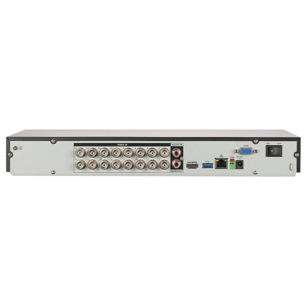 Grabador de video vigilancia con entradas BNC, HDMI, VGA, y puertos de red, visto por detrás.