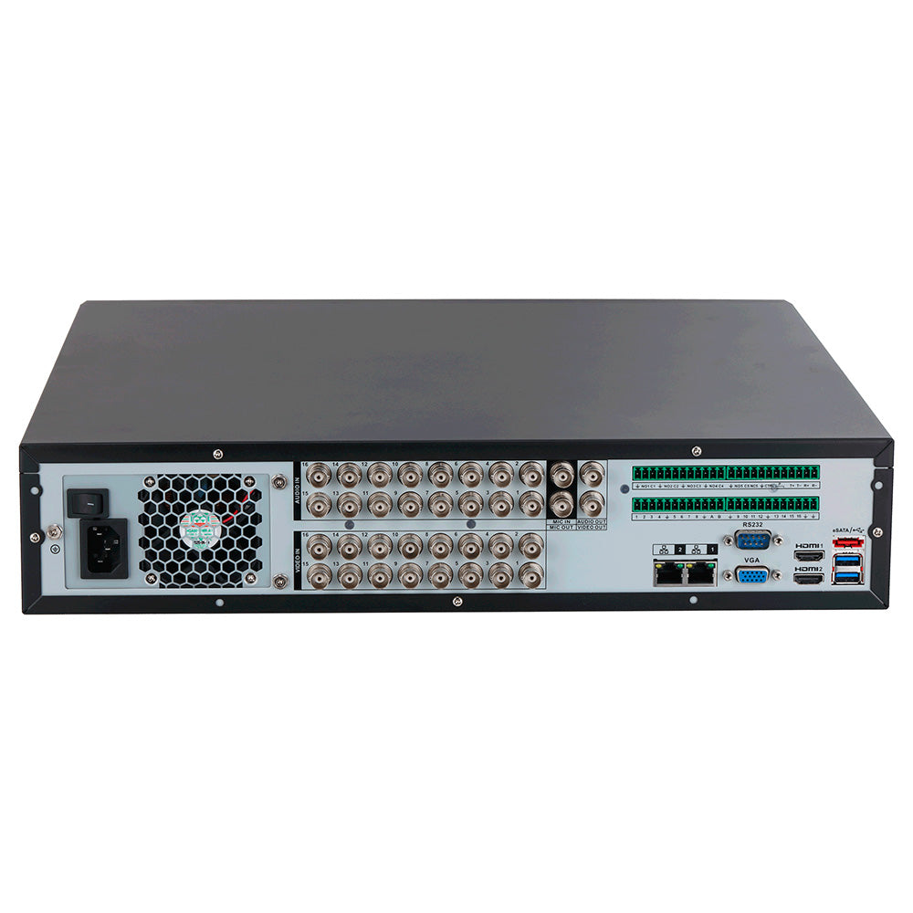 Grabador de video en red NVR con múltiples puertos BNC, USB, HDMI y ventilador trasero, ideal para videovigilancia y seguridad electrónica.