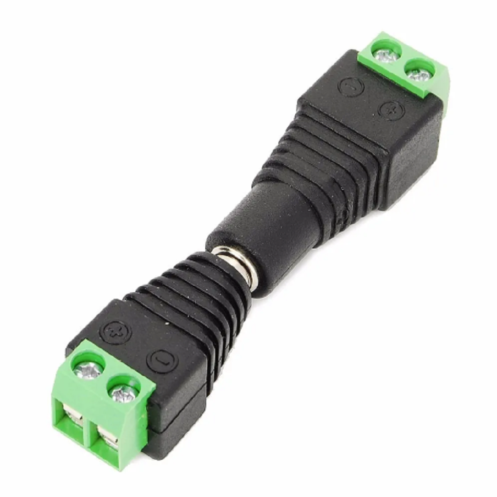Adaptador de corriente DC a terminal de tornillo negro, con conectores verdes, para cableado y CCTV.