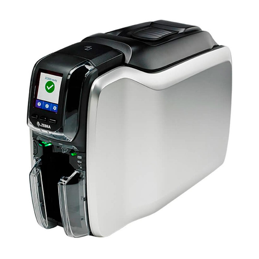 Impresora de tarjetas Zebra ZC300 color plata, pantalla LCD, soluciones de seguridad y acceso.