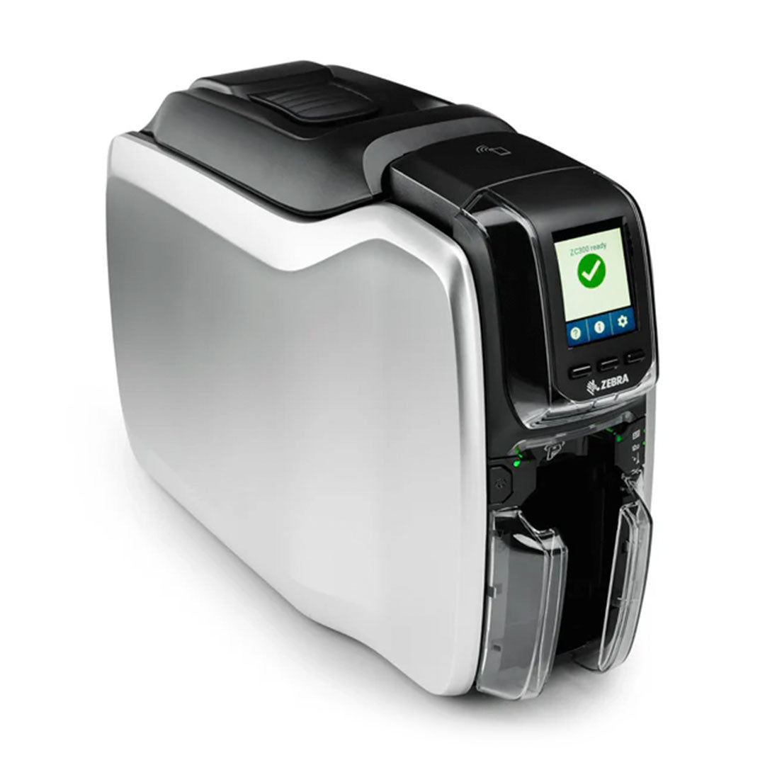 Impresora de tarjetas plásticas Zebra con pantalla LCD, ideal para seguridad y acceso.