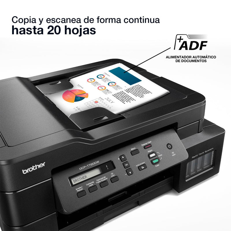 BROTHER DCP-T720DW, Impresora multifuncional WIFI de tinta continua, imprime, escanea y copia a color, DUPLEX - ARTEUS