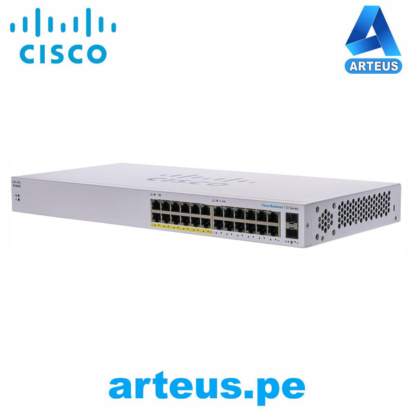 CISCO CBS110-24PP-NA - Conmutador Ethernet - 2 Capa compatible - Modular - 2 Ranuras SFP - 17.29W Power Consumption - 100W Rendimiento PoE - Par trenzado, Fibra Óptica - PoE Ports - De Escritorio, Montaje en pared, Montable en bastidor - ARTEUS