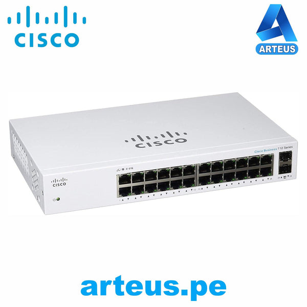 CISCO CBS110-24T-NA - Conmutador Ethernet - 2 Capa compatible - Modular - 2 Ranuras SFP - 16.34W Power Consumption - Par trenzado, Fibra Óptica - De Escritorio, Montaje en pared, Montable en bastidor - ARTEUS