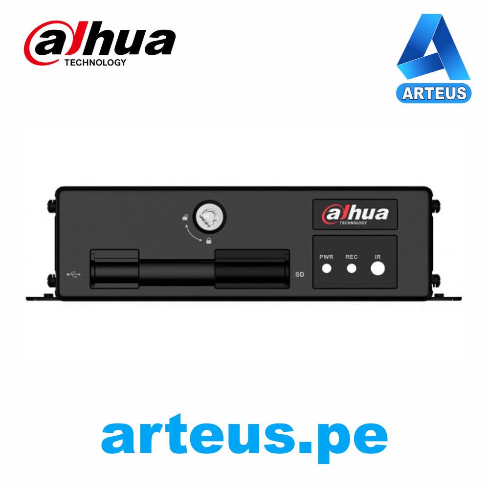 Grabador DVR móvil Dahua HDCVI 4 canales, frontal negro con ranura SD y luces indicadoras.