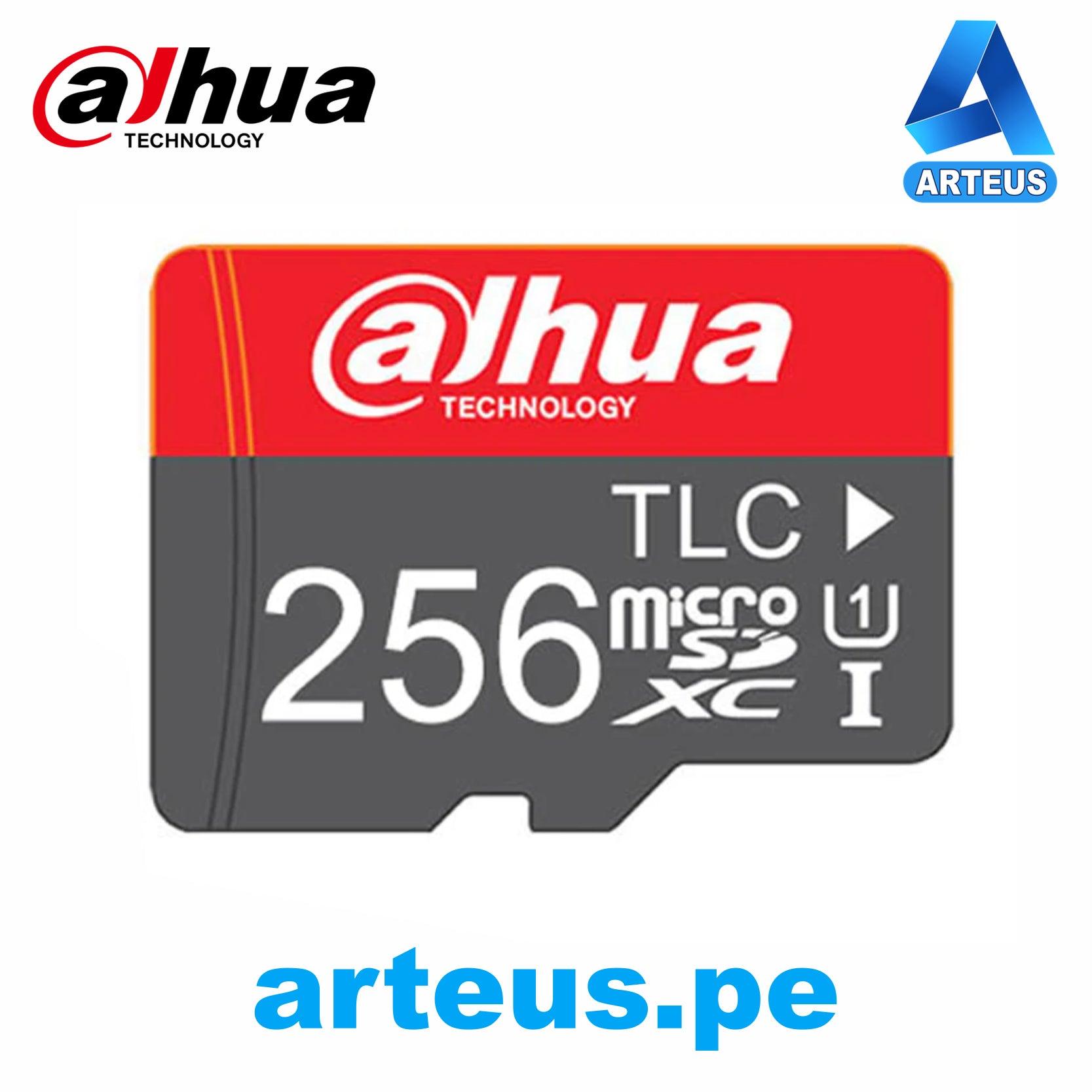 Tarjeta microSD Dahua 256GB clase 10 UHS-I, negra y roja, con logos destacados.