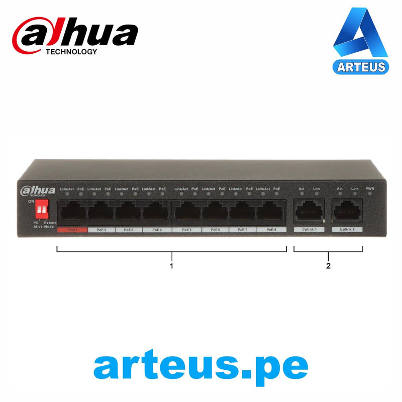 DAHUA DH-PFS3010-8ET-96 - Switch Conmutador de 8 canales POE 96w. 10/100mbps. Capa 2. No administrable. POE 2.0 - ARTEUS