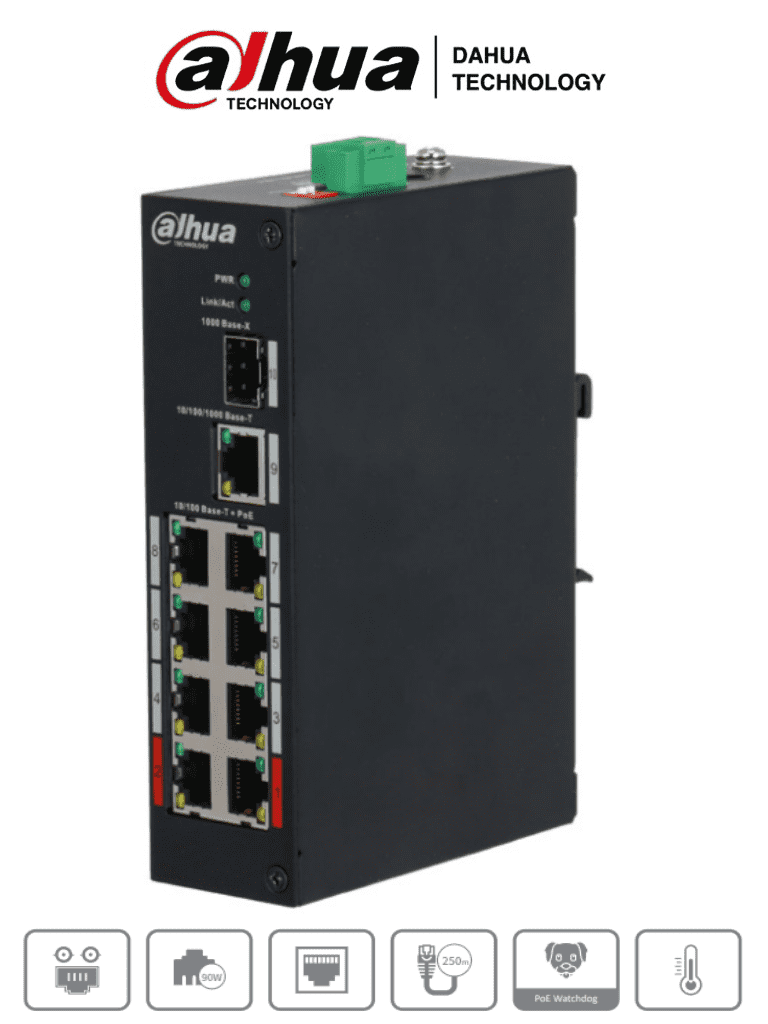 DAHUA DH-PFS3110-8ET-96 - Switch Conmutador de 8 canales POE 96w con 1 puerto de fibra óptica 10/100. No administrable. Capa 2. 1 puerto SFP - ARTEUS